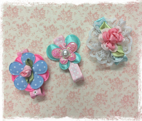 Baby & Girl pink and blue floral non slip hair clip. clip106