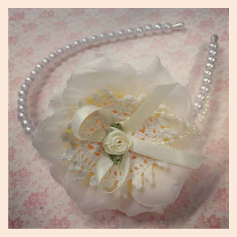 girl & lady ivory or white vintage christening flower girl bridal fascinator pearl flower headband FLHD19