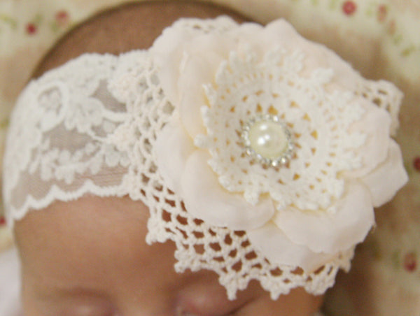Baby, girl, lady white or ivory vintage christening flower girl bridal fascinator lace flower headband FLHD38