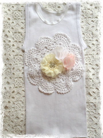 Handmade Newborn to Toddler crochet and flower vintage inspired singlet tank top. SINGLET63