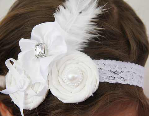 white or ivory baby, girl, lady vintage christening flower girl bridal flower headband FLHD07