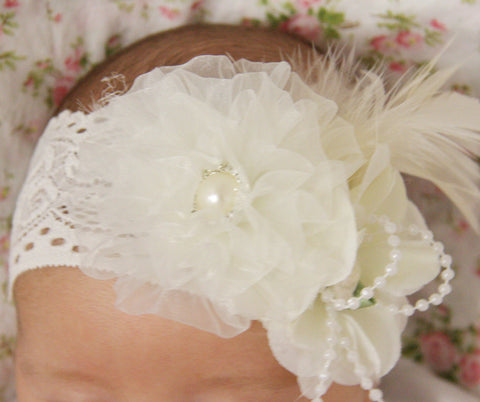 white or ivory baby, girl or lady vintage christening flower girl bridal fascinator headband FLHD04