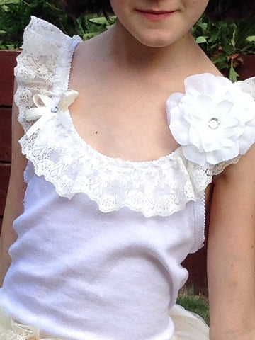 Baby to tween white top with white or ivory bow & flower brooch vintage inspired singlet tank top.SINGLET35