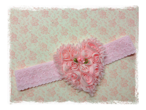 NEWBORN, BABY & GIRL PINK OR IVORY HEART LACE HEADBAND. BRGN02