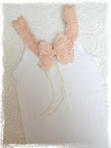 Baby to girl white and peach pink vintage inspired singlet tank top.SINGLET45