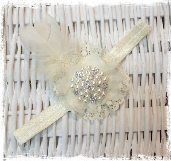 Baby, girl, lady ivory or white christening flower girl bridal fascinator flower headband FLHD55