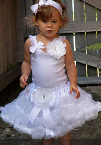 Baby to tween white top with white, ivory or pink bow & brooch vintage inspired singlet tank top.SINGLET07