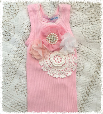 Handmade Newborn to Toddler flower, pearl and lace vintage inspired pink singlet tank top