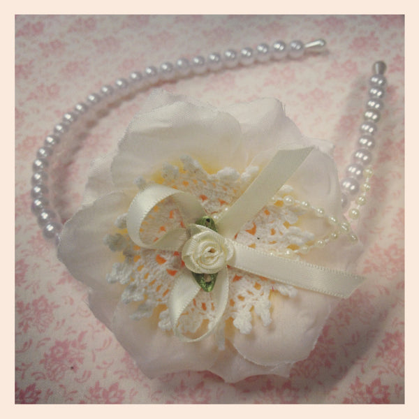 girl & lady ivory or white vintage christening flower girl bridal fascinator pearl flower headband FLHD19