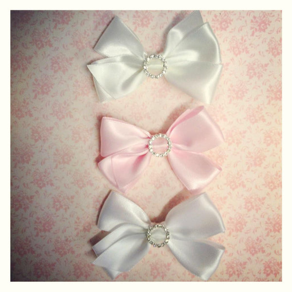 Baby & girl pink ivory or white bling satin bow on non slip hair clip.clip37