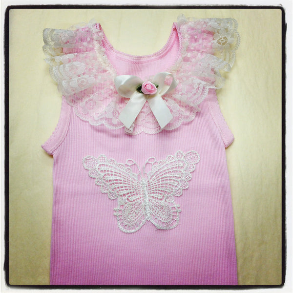 Baby to girl ivory pink or white butterfly vintage inspired singlet tank top.SINGLET03