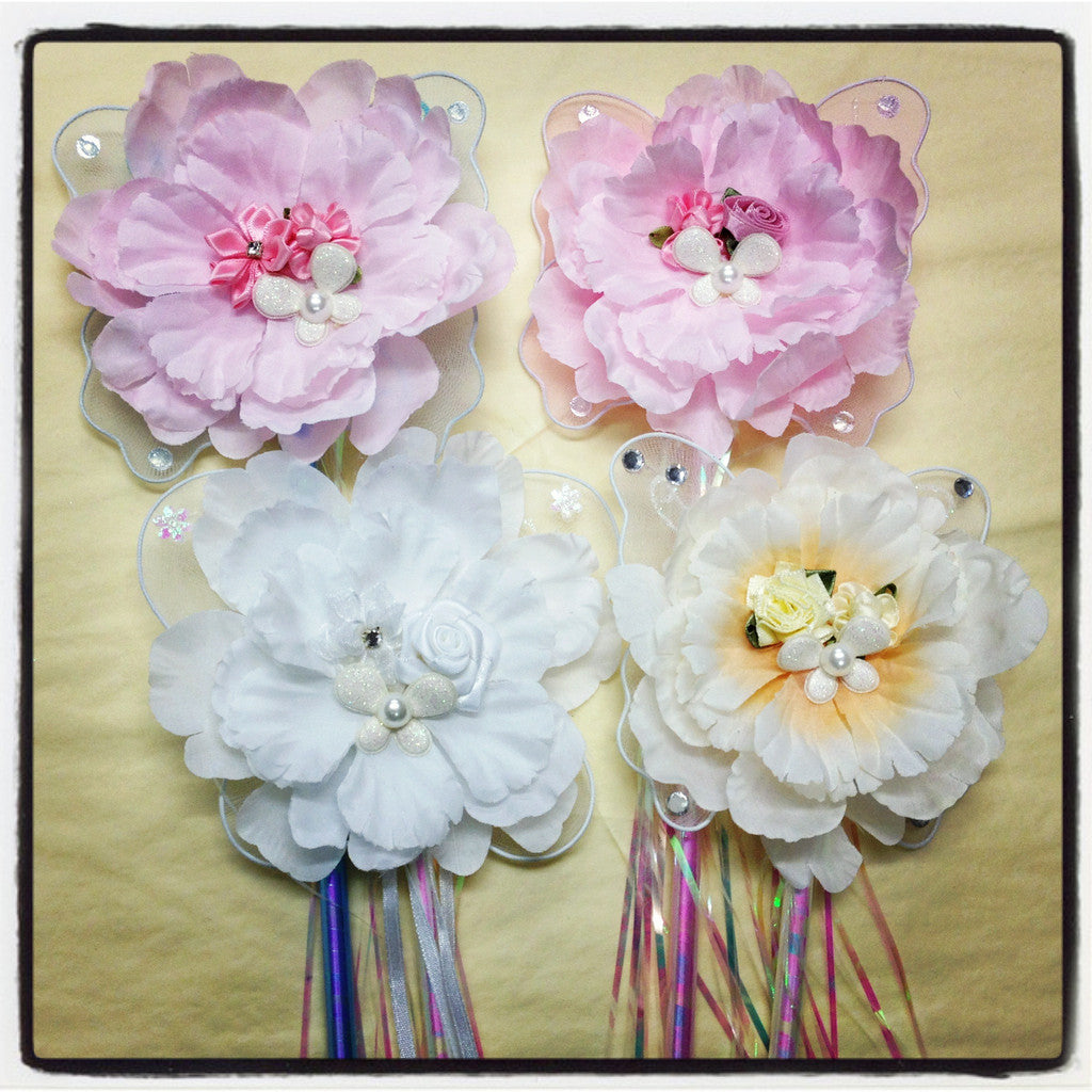 Vintage inspired baby pink white or blue peonie flower fairy wand. Wand06
