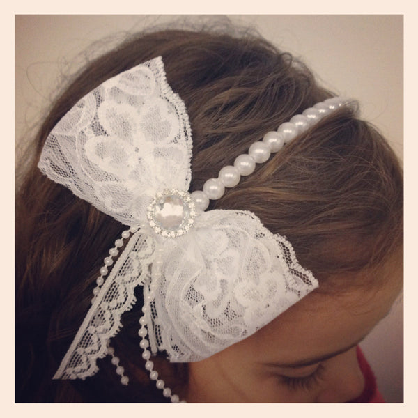 Baby, girl, lady white or ivory christening flower girl bridal fascinator vintage lace bow headband
