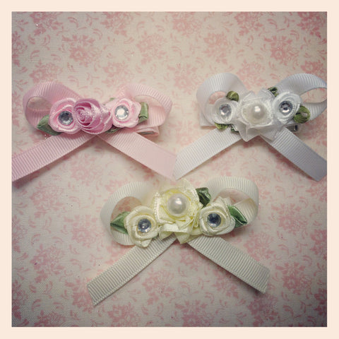 Baby & girl pink ivory or white floral bow on non slip hair clip.clip57