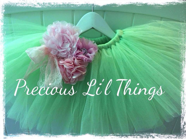 Mint green and pink vintage Baby & Girl Fluffy Floral Fairy Tutu Skirt