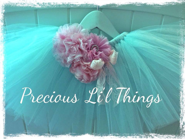 Baby blue and pink vintage Baby & Girl Fluffy Floral Fairy Tutu Skirt