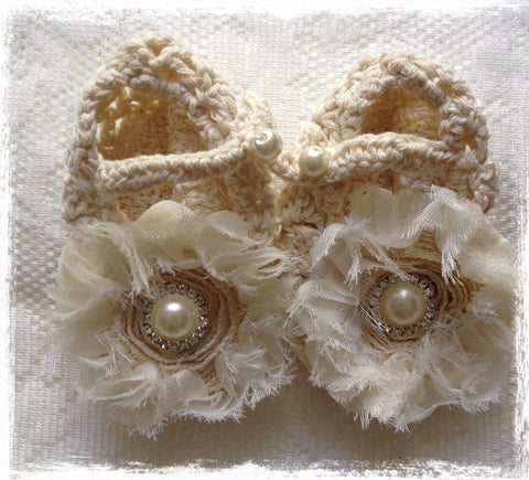 Newborn to one year beige crochet flower booties