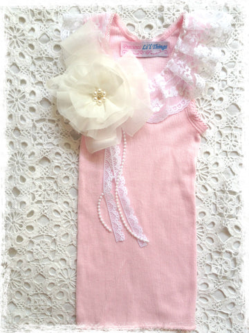 Handmade Newborn to Toddler flower, pearl and lace vintage inspired pink singlet tank top. SINGLET65
