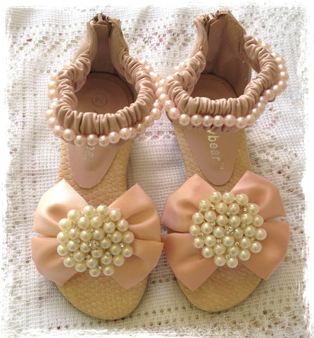 Girls dusty pink and ivory vintage bling pearl sandals. Shoes10