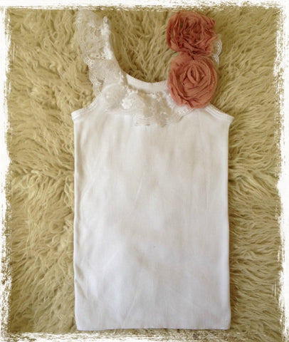 Baby to girl white & rose pink vintage inspired singlet tank top. SINGLET23