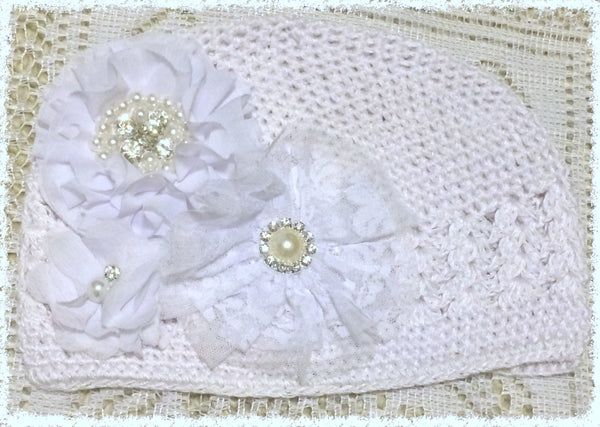 Baby toddler & girl white christening vintage beanie