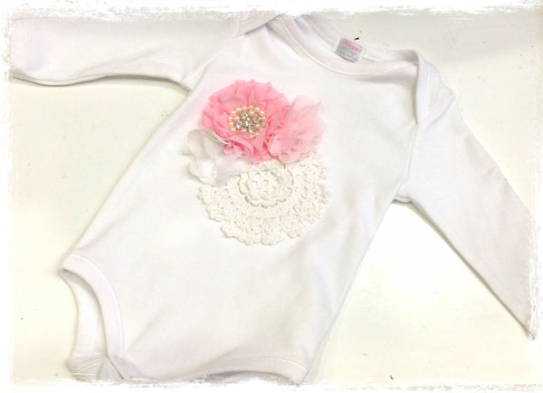 Pink and white baby long or short sleeve onesie romper