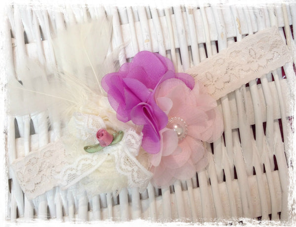 Baby, girl, lady ivory, pink and purple christening flower girl bridal fascinator flower headband FLHD68