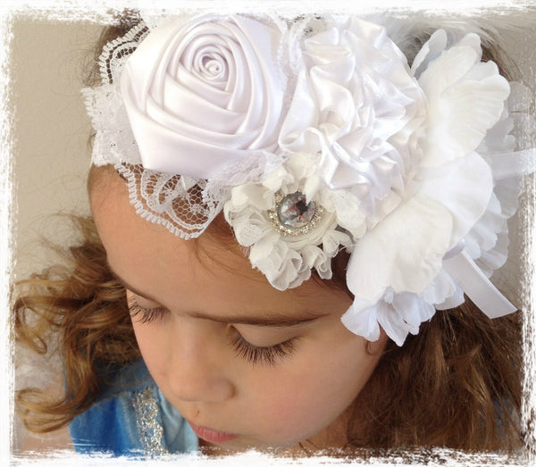 Baby, girl, lady white, ivory or pink vintage christening flower girl bridal fascinator lace flower headband  FLHD47