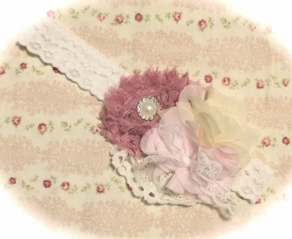 Baby, girl, lady pink and ivory christening flower girl bridal fascinator flower headband