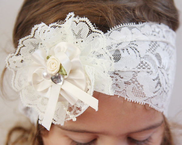 baby, girl, lady ivory or white vintage christening flower girl bridal fascinator hair clip on headband bandana wrap FLHD11