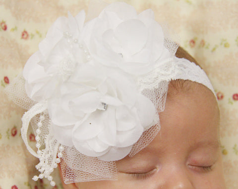 white or ivory baby, girl, lady vintage christening flower girl bridal flower headband FLHD02