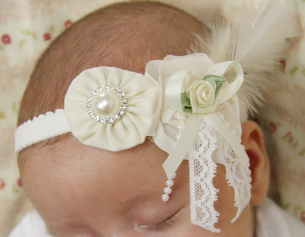 baby, girl, lady white or ivory vintage christening flower girl bridal fascinator headband FLHD08