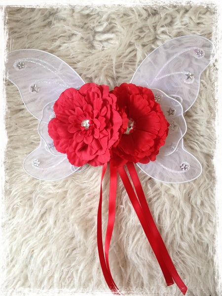 Baby, Girl, Lady, White fairy wings with red peonie flowers