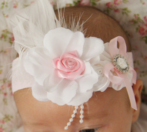 pink & white, white or ivory vintage christening flower girl bridal fascinator headband FLHD03