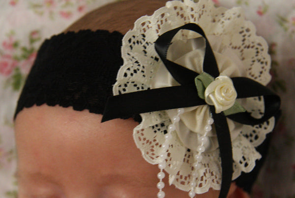 Baby girl & ladies white, ivory &/or black vintage christening flower girl bridal fascinator headband FLHD23