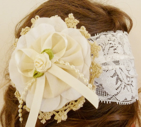 baby, girl, lady white or ivory vintage christening flower girl bridal fascinator hair clip on headband bandana wrap FLHD12