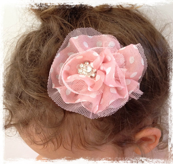 pink and white dots organza flower hair clip/brooch. CLIP87