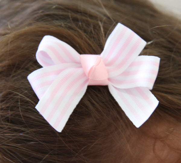 Baby & girl pink or blue & white stripe grosgrain bow hair clip. clip10